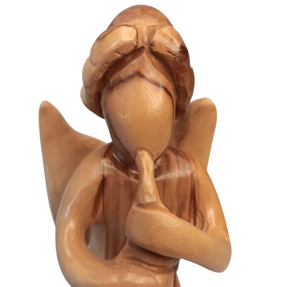 Hand Carved Angel Playing Horn Made Of The Olive Wood Tree From Israel 7.5" x 4" - Picture 6 of 11